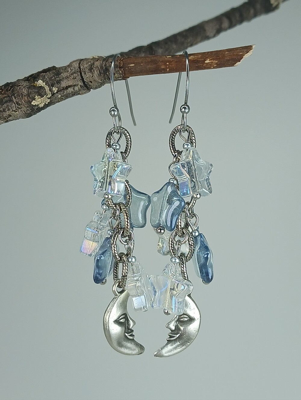 HAND CRAFTED Moon Star Dangle Earrings Celestial Blue Crystal Fairycore - Picture 2 of 6